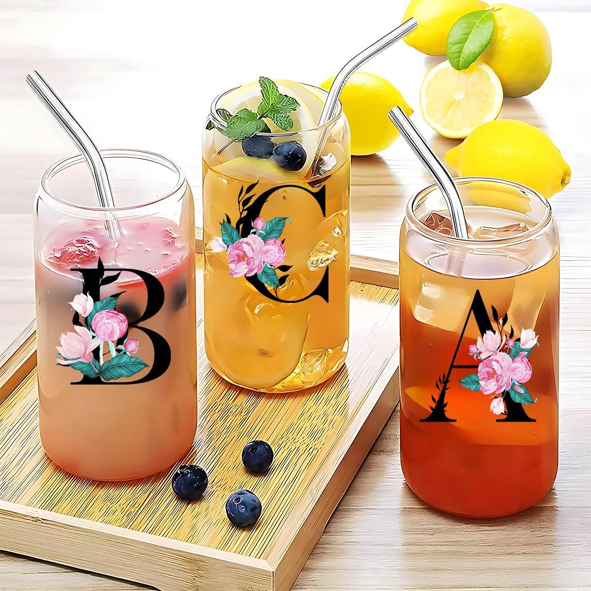 Letter & Flower Pattern Glass Cup with Straw & Brush, 1 Count 16oz Glass Cup, Drinking Cup for Home Office, Stylish Drinkware, Gift for Friend & Family