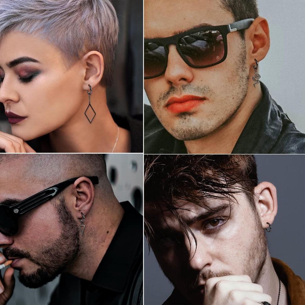 FINREZIO 22 Pcs Dangle Earrings for Men Stainless Steel Hinged Huggie Hoop Earrings Punk Long Chain Stud Snake Feather Sword Dangle Kpop Earrings for Men Black and Sliver Tone Daily