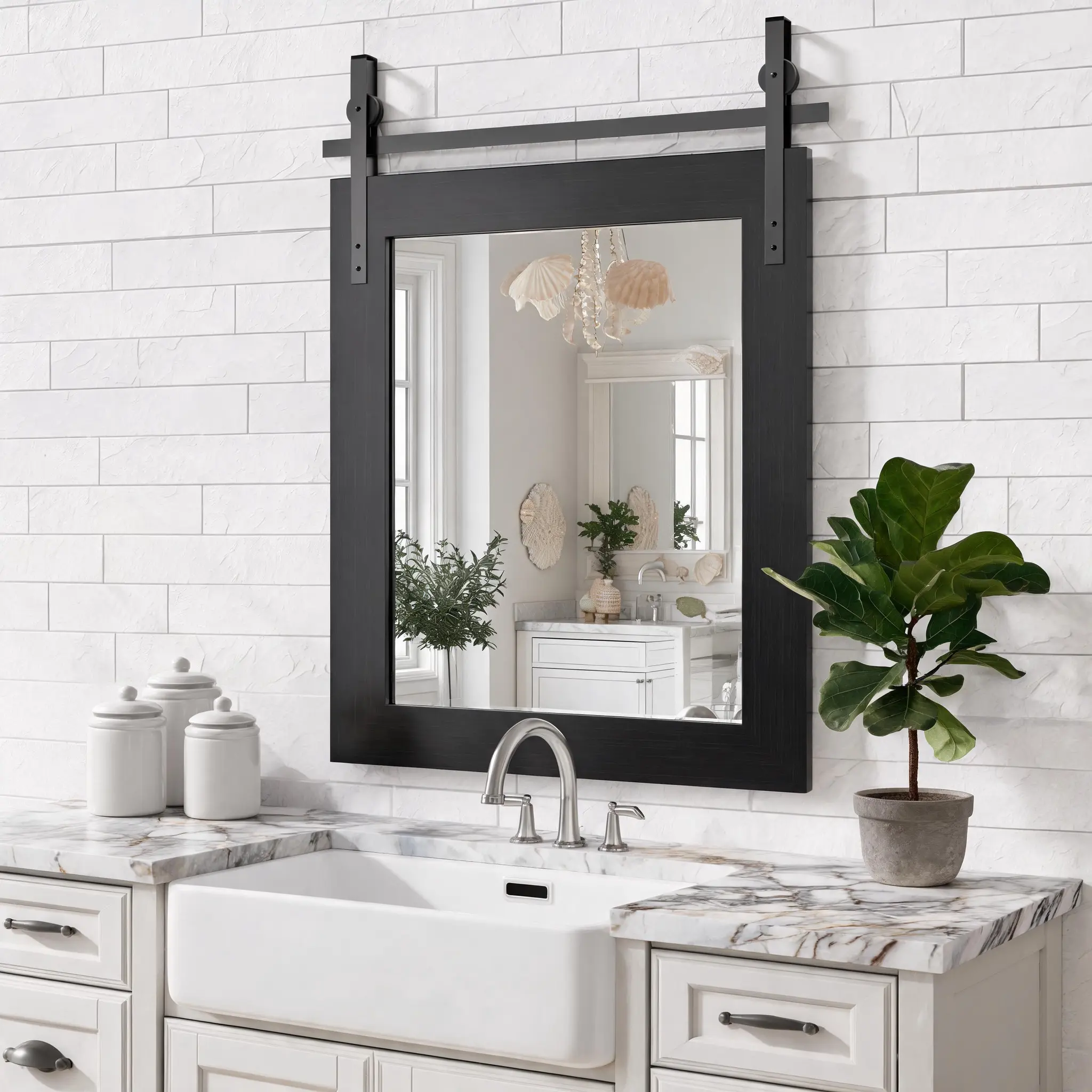 ARCH 18x26 Inch Farmhouse Bathroom Mirror, Rustic Wood Framed Wall Mounted Vanity Mirror, Black Vintage Barn Door Style Decorative Mirror, Tempered Glass, HD Reflection, for Bathroom, Bedroom, Entryway, Living Room, Black Color Options