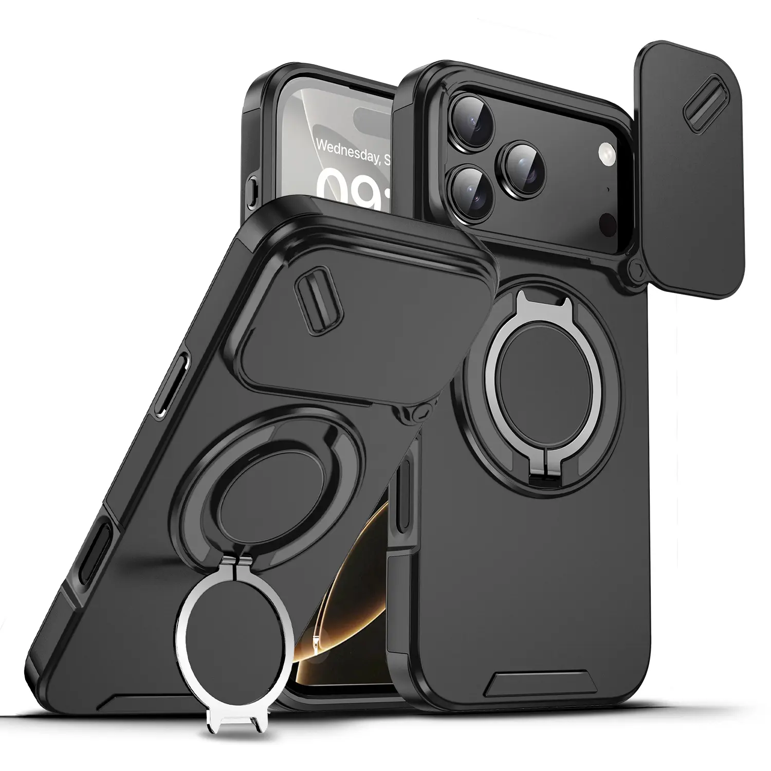 Heavy-Duty Double-Layer Smartphone Case for iPhone 17/16/15/14 Series - TPU & PC Material, Anti-Drop Durability, Sliding Window Handheld Bracket, Magnetic Charging Support, Cellphone Button Protection