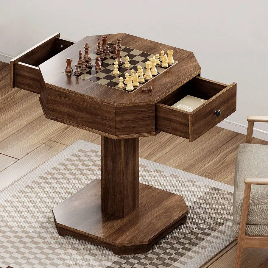 Chess Checkers Backgammon Table Set, Chess Table With 2 Drawers, Wooden Game Table Set, Dark Brown