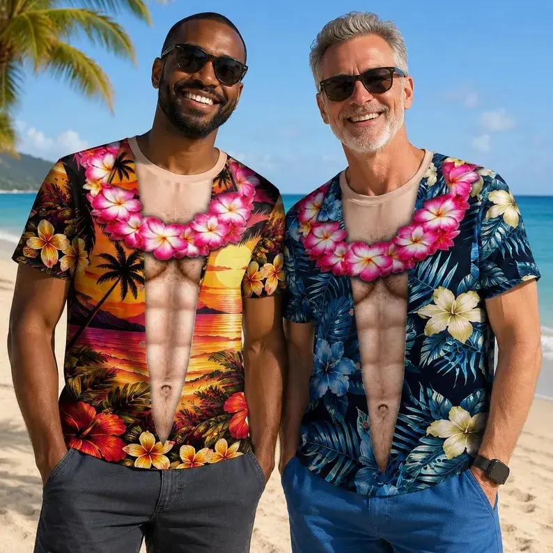 Men's Funny Muscle Graphic Breathable Outdoor Hawaiian T-Shirt - Shortleeve Button Down Aloha Top, Tropical Floral All Over Print, Relax Fit (S-5XL), Luau/Bachelor Party Casual Costume, Novelty Prank Gag Gift, Shortsleeve, Tee