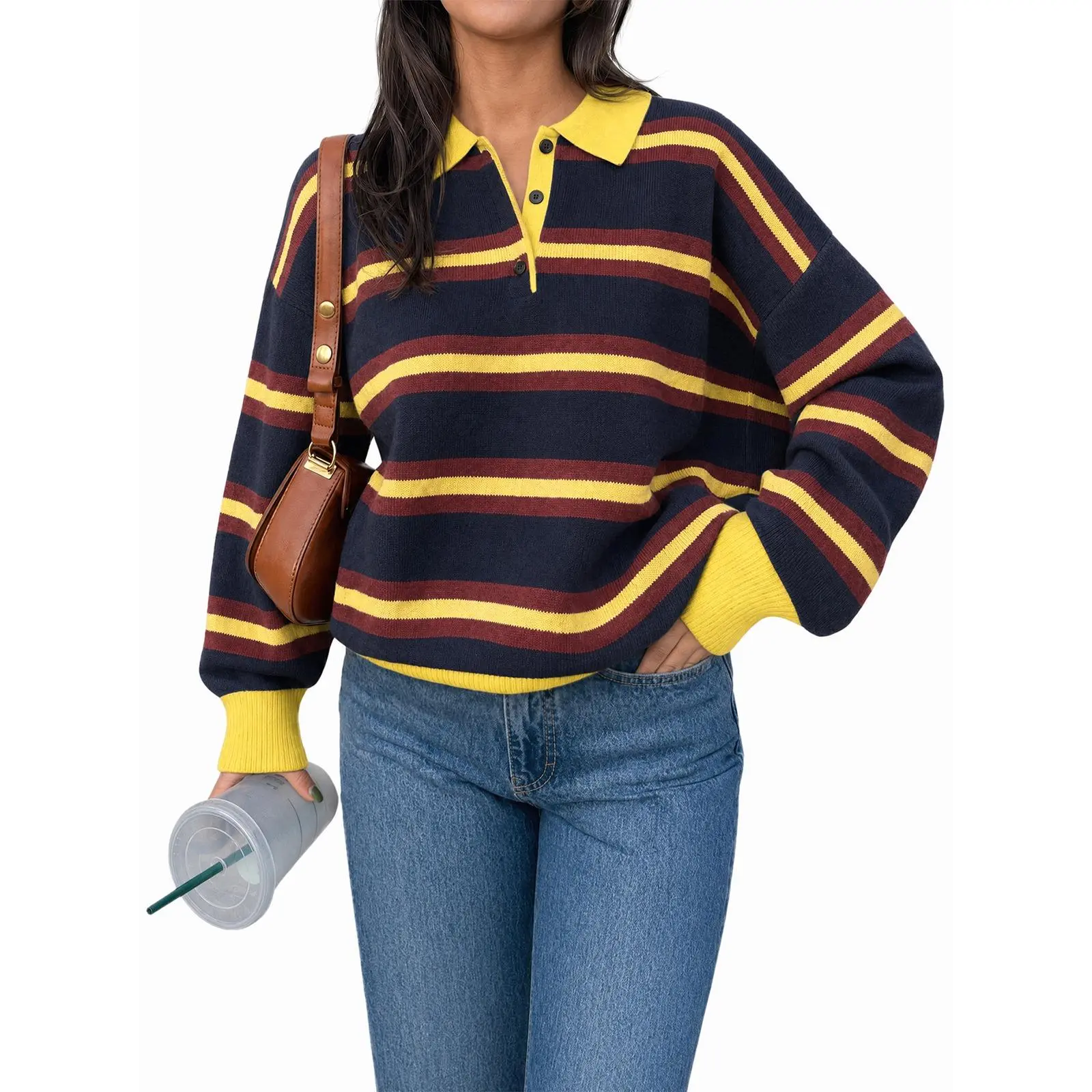 TANKANEO Women's Striped Color-Block Polo Neck Knitting Sweater - Long-Sleeve Fitted Collared Shirt with Button, Casual Fall Hang Dry Pullover Top