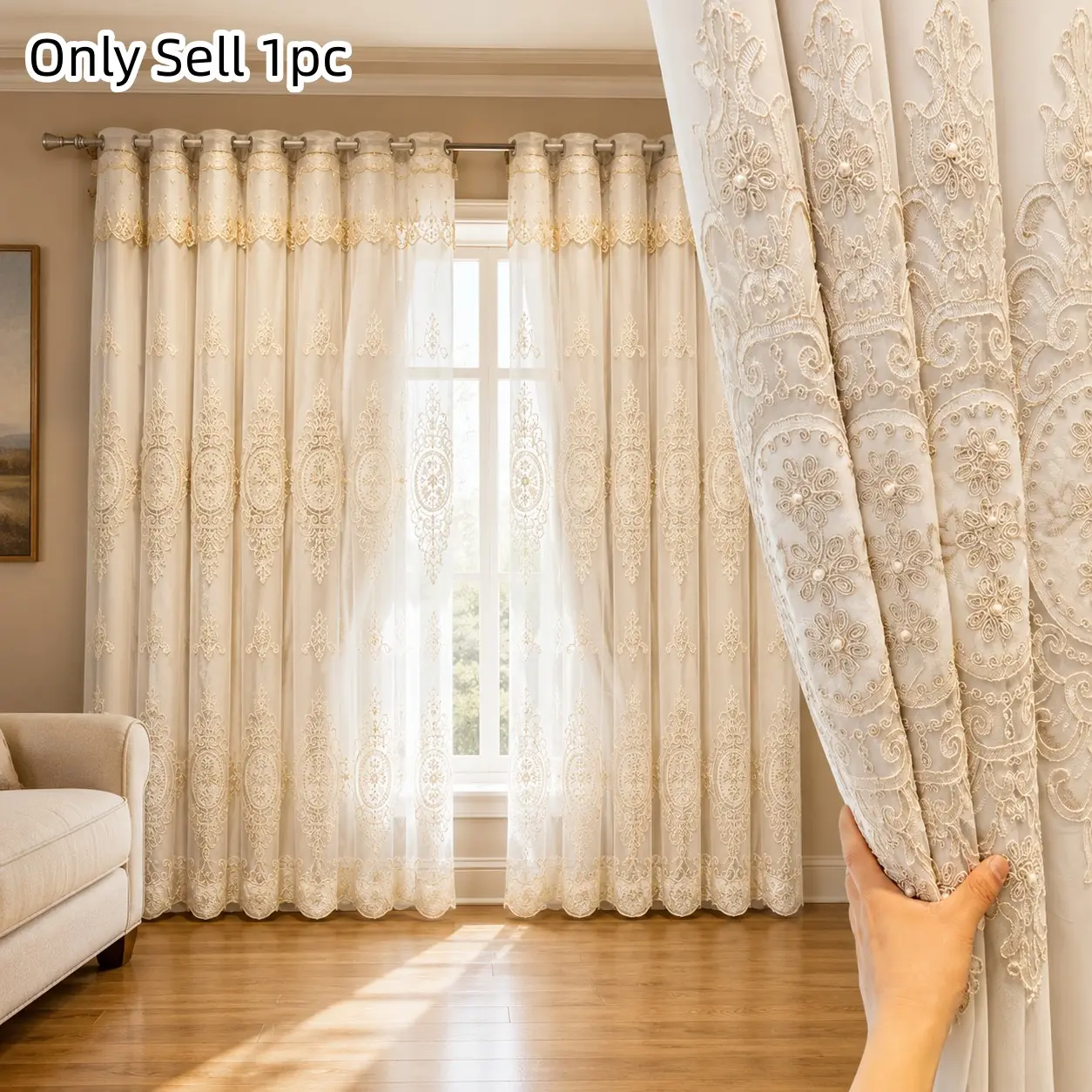 1pc Luxurious European Royal Drapes, Elegant Embroidered Lace Semi-Transparent Curtain, Perfect for Bedroom and Living Room, Vintage Court Style Window Decor, Home Decoration Curtain, Semi Sheer Curtain