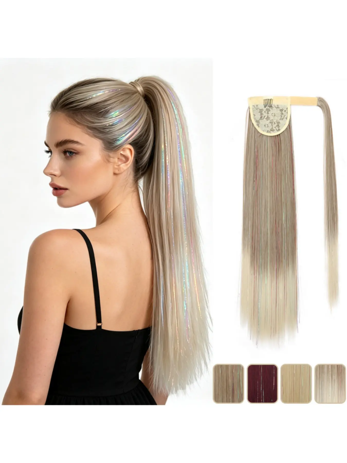 24 Inch Holographic Hair Wrap Ponytail Extension Synthetic Fiber Long Straight Ponytail Magic Tape Hairpiece Shiny Colorful Hair Extension