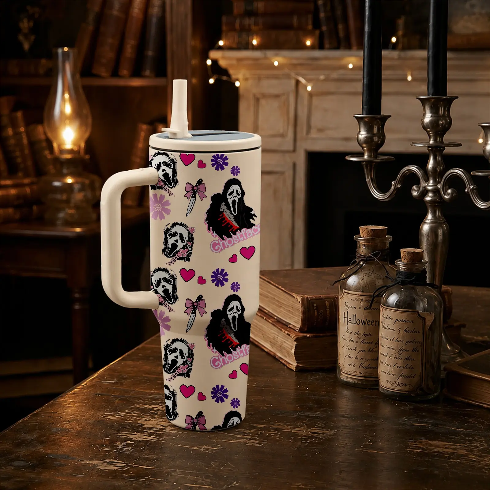 1PC Scream Sweetheart Stainless Tumbler 40oz, Cute Horror Halloween Cup with Ghostface Pattern, Pink Heart & Bow Design, Spooky Girly Aesthetic Insulated Water Bottle with Handle, Reusable Travel Coffee Mug for Halloween Party Gifts