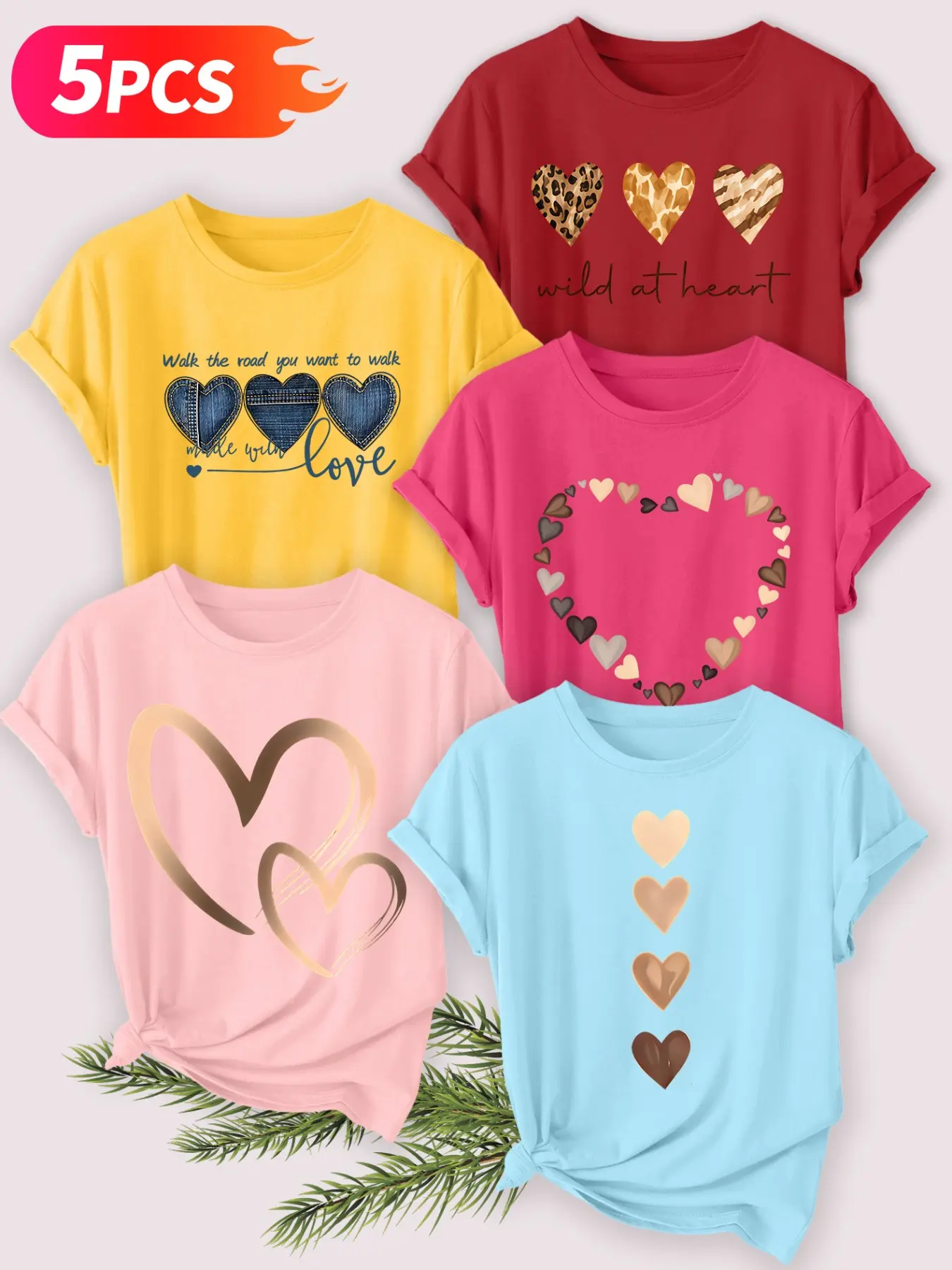 5Pcs Women Crew Tee, Leopard Denim Heart Pattern Print, multi-color washable casual tee