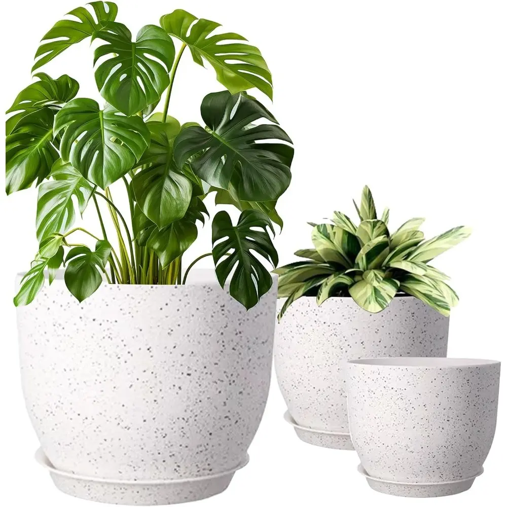 3 Pack Plant Pots, 10/9/8 Inch Self Watering Planters with Drainage Hole Planter for Indoor Plants, Indoor and Outdoor Plants, Herbs and Flowers, White Speckles