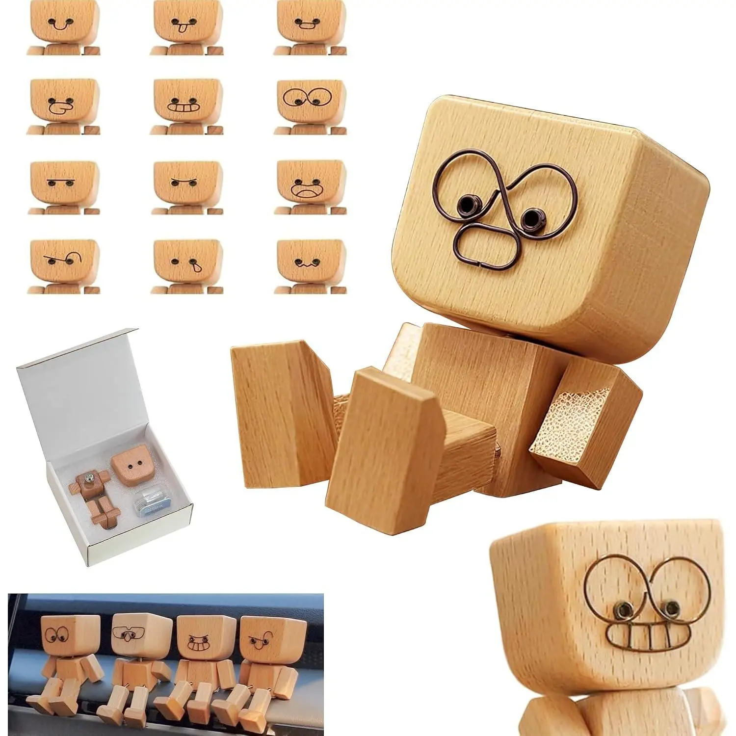 Charming Shaking  Wooden Man Figurine, Little Wooden Statue that Sways,  Dashboard Figurines with Spring  with Rich Expression Accessories Decorations Gifts