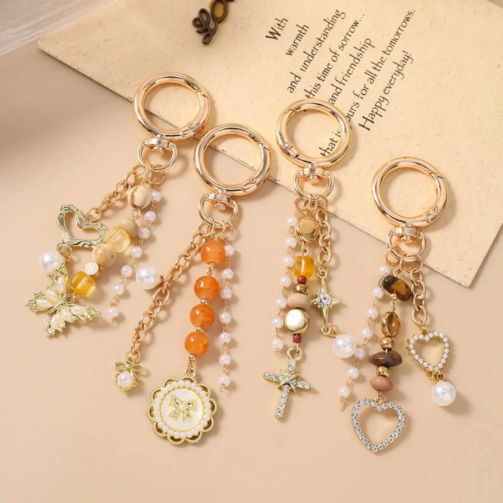 Women's Coquette Beaded Bag Charm, Cute Purse Keychain with Cross, Butterfly & Heart Pendants for Handbags or Backpacks