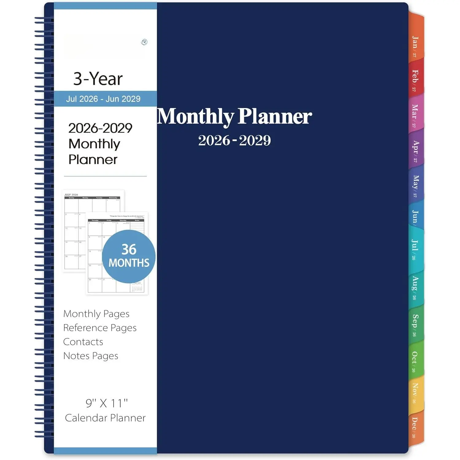 2026-2029 Monthly Planner/Calendar - 3 Year Monthly Planner 2026-2029 | Jul 2026 - Jun 2029, 9'' x 11'', Calendar Planner with 36 Months Tabs, Double-side Pocket, Holidays, Notes Pages-Blue