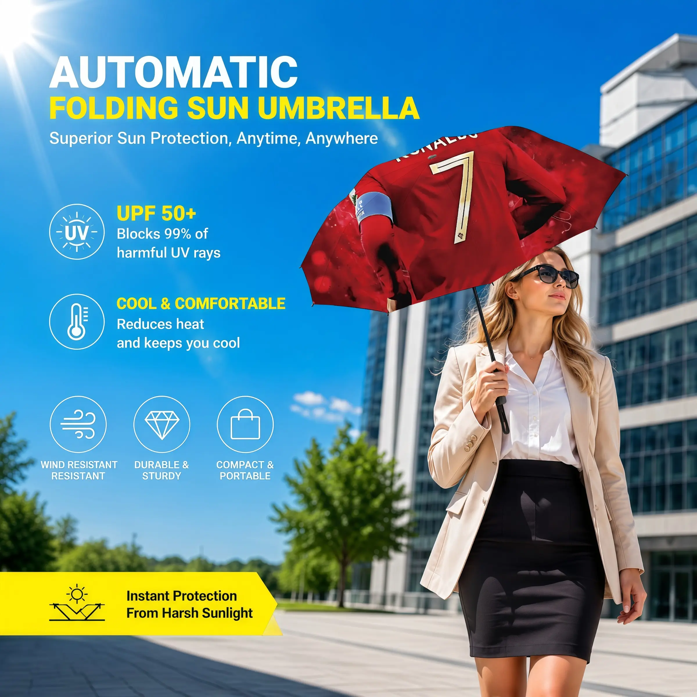 1pc Foldable Automatic Umbrella, featuring both rainproof and sun protection functions. Lightweight and portable, it can open and close automatically. Suitable for both men and women, it is ideal for daily use and an essential item for travel. Perfect for