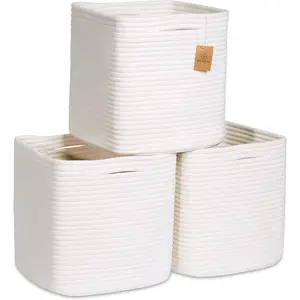 Storage Cubes 11 Inch Cotton Rope Woven Baskets for Organizing, 3-Pack | Cube Storage Bin | Square Storage Baskets for Shelves Organizer, Classroom, Kids Toy Bins, Closet, Baby Nursery