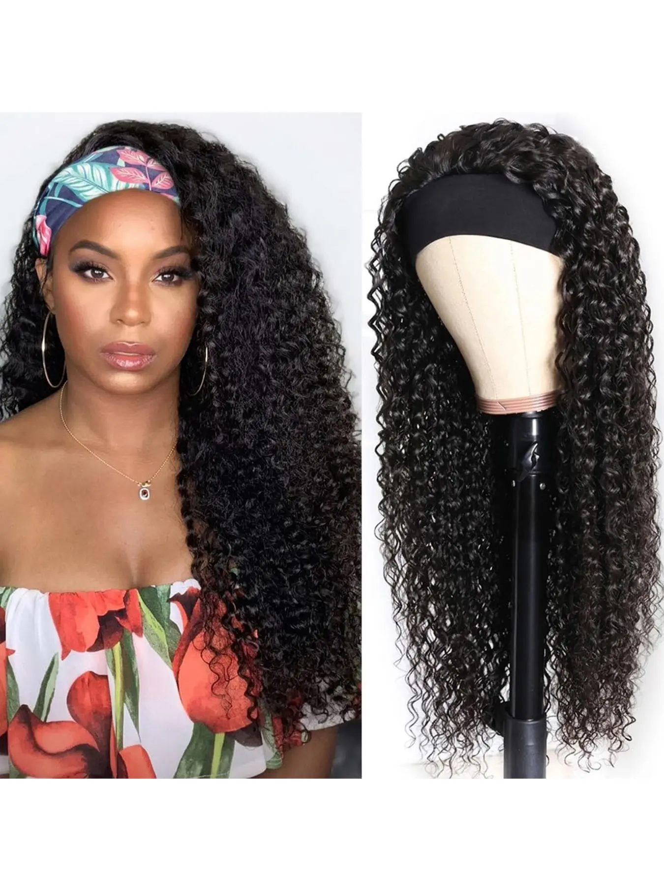 Headband Wig Synthetic Hair Deep Wave 28 Inch Curly Headband Glueless None Lace Front Wigs for Black Women Machine Made 180% Density Natural Color Glueless Wavy Wig