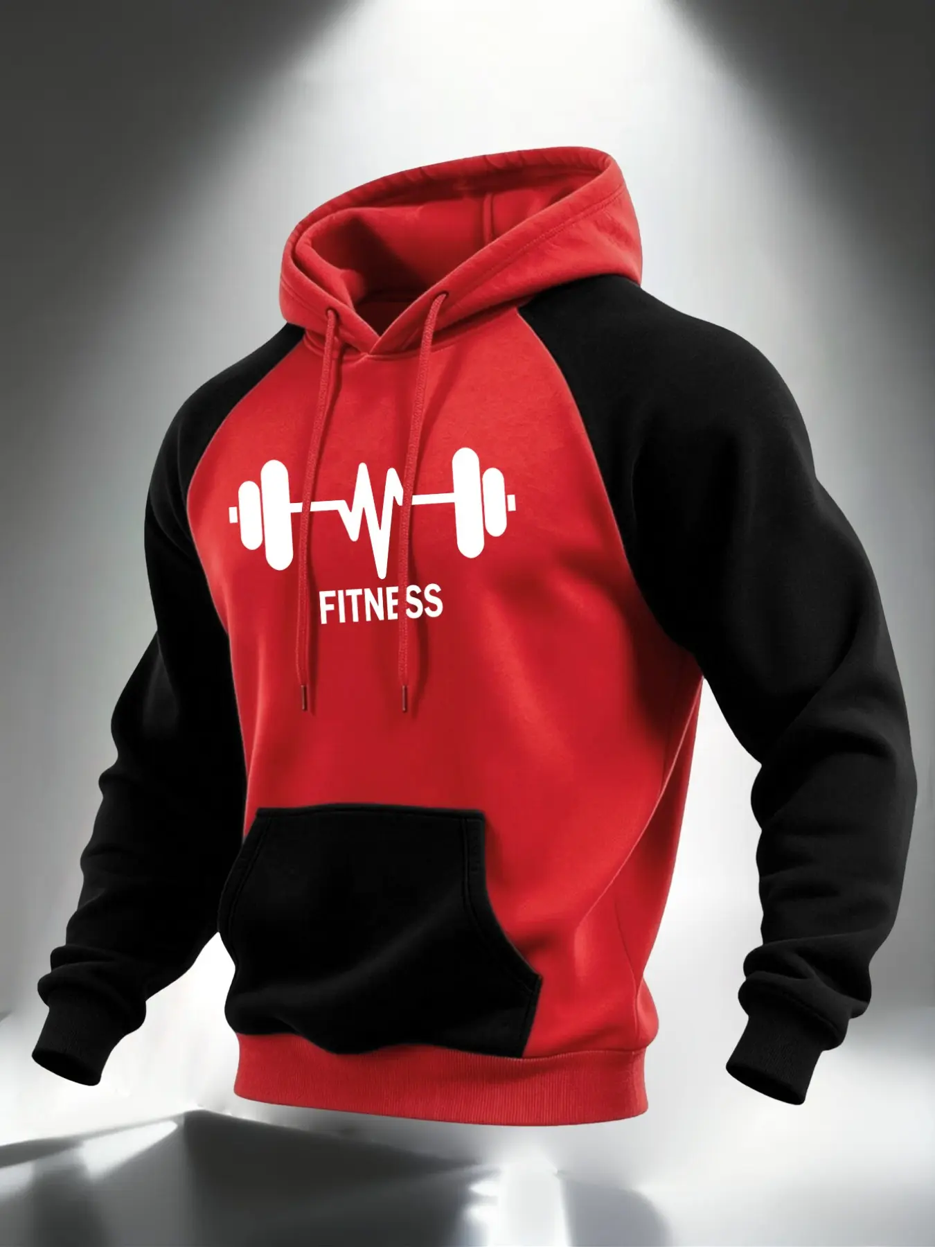 Men Raglan Sleeve Drawstring Hoodie, Dumbbell ECG Pattern With FITNESS Letter Print On Front, Kangaroo Pocket Loose Pullover Sweatshirt For Gym Workout Running And Daily Street Outfits #FitnessHoodie #WorkoutPullover #RaglanSportHoodie