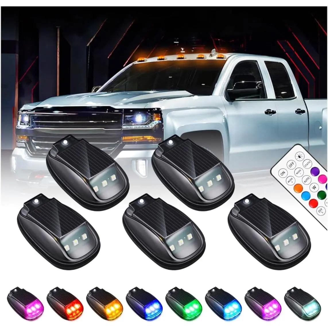 5PCS Wireless Solar Car Roof Neon RGB Strobe LED Lights - ABS Shell, Adhesive Mount, Vibration Motion Sensor, No-Drill, Waterproof Cab Signal Marker Safety Accessories for Cars, Trucks