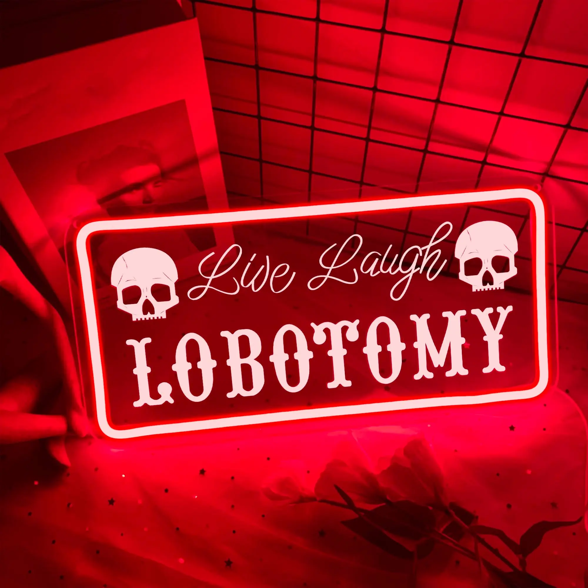 Halloween Decor Neon Printed Skull Frame LED Neon, Rectangular Wall Hanging Halloween Atmosphere Neon Decoration, Prank Skull "Live Laugh" Wall Decor, Dimmable, USB Powered, Perfect Halloween Gift for Friends, Suitable for Bedroom and Halloween Party