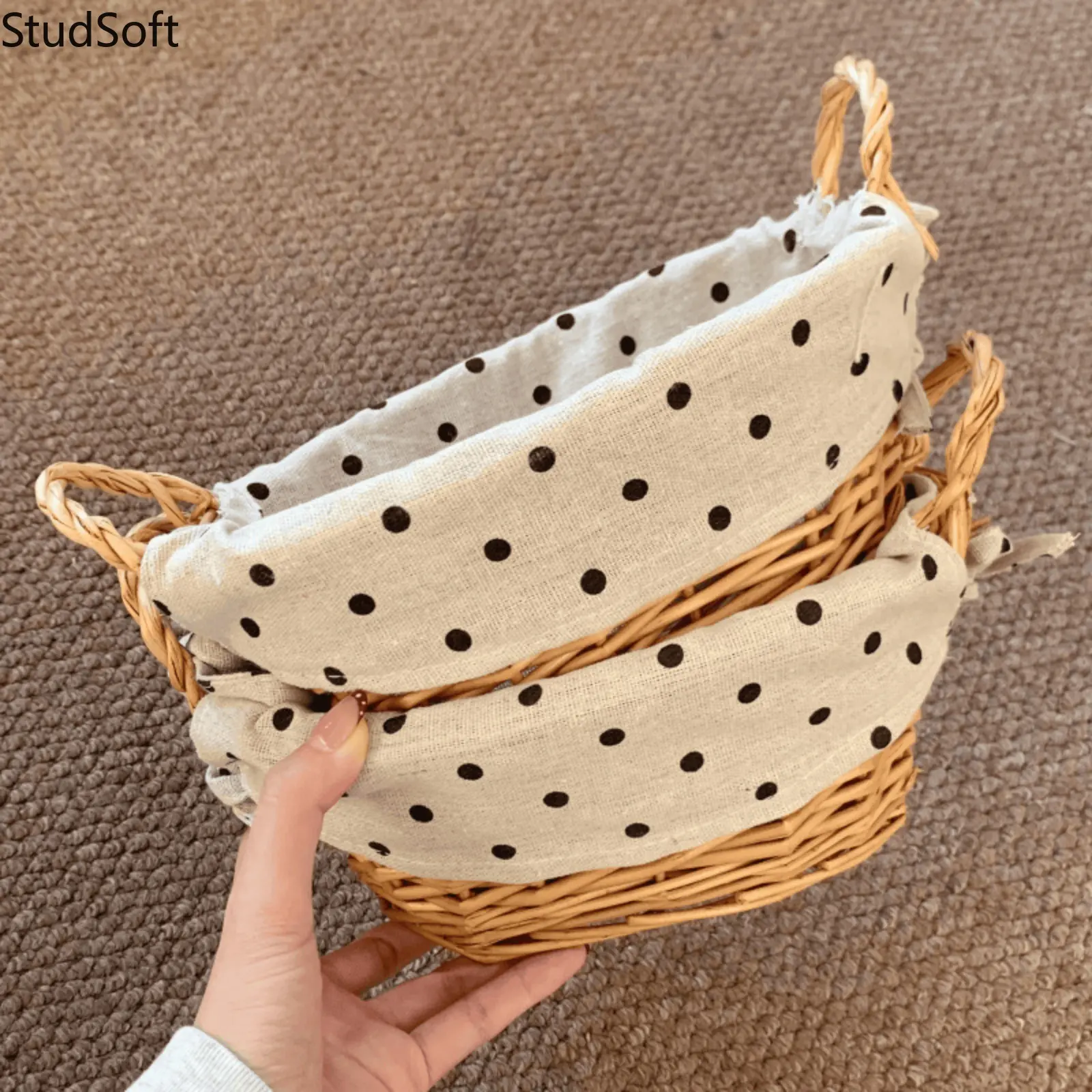 Handwoven Wicker Storage Basket Cute Polka Dot Linen Liner Woven Rattan Desktop Organizer with Handles Daily Home Kitchen Pantry Organization Brown