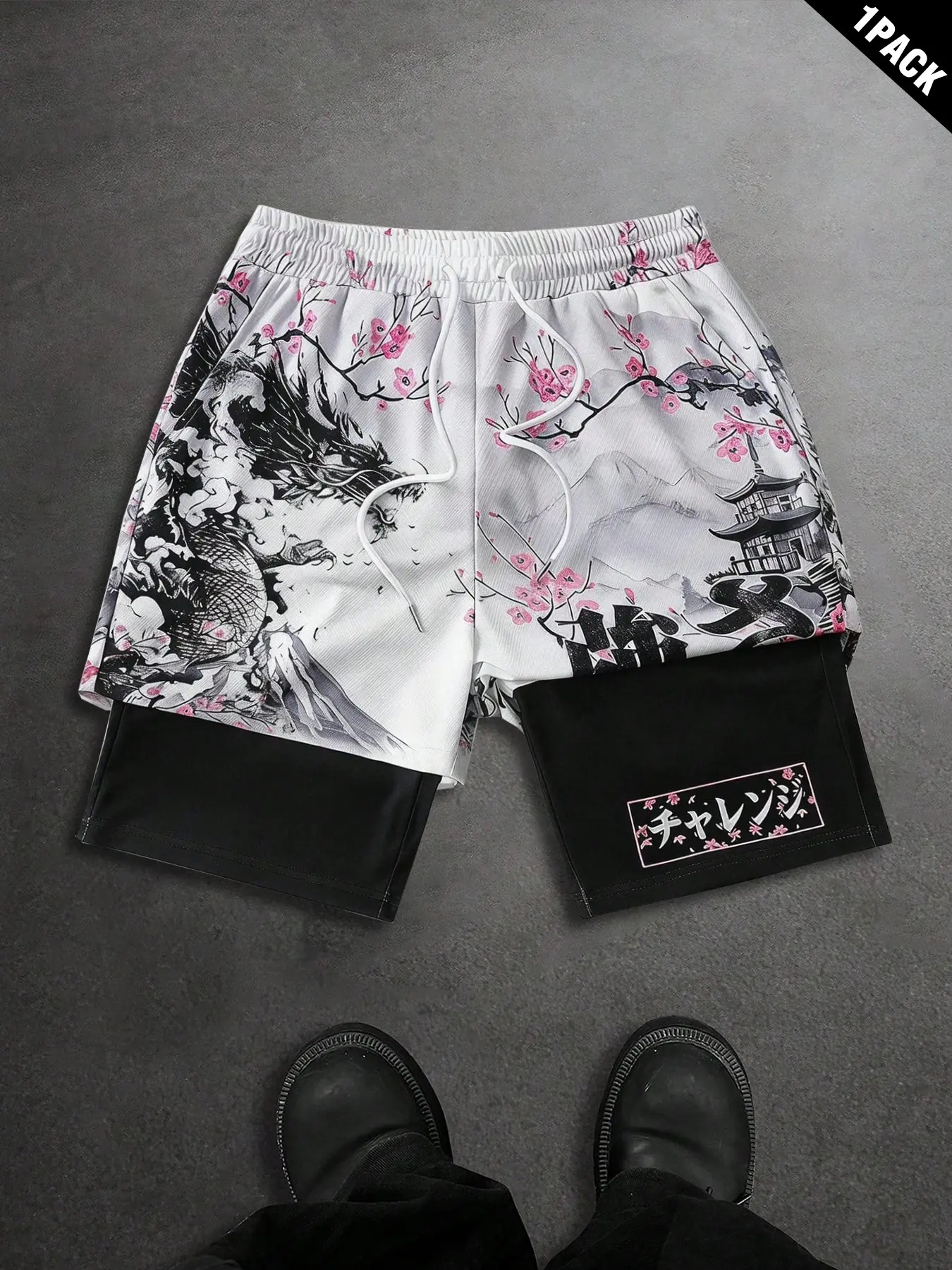 Japanese Dragon Cherry Blossom 2-in-1 Shorts | Breathable Quick-Dry Mesh Outer + Compression Liner | Kanji Print Streetwear Gym Shorts for Men, Perfect for Workouts, Beach & Casual Outings!