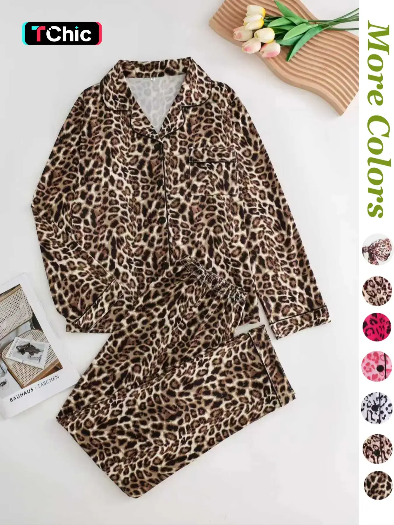Women's Leopard Print Button Front Pocket Lapel Shirt & Elastic Waist Pants Pyjama Two-piece Set, Casual Comfy Pocket Long Sleeve Top & Trousers Pj Set, Women's Sleepwear for Spring & Fall, Loungewear Set Women, Collared Sleepwear, Fashion Sleepwear