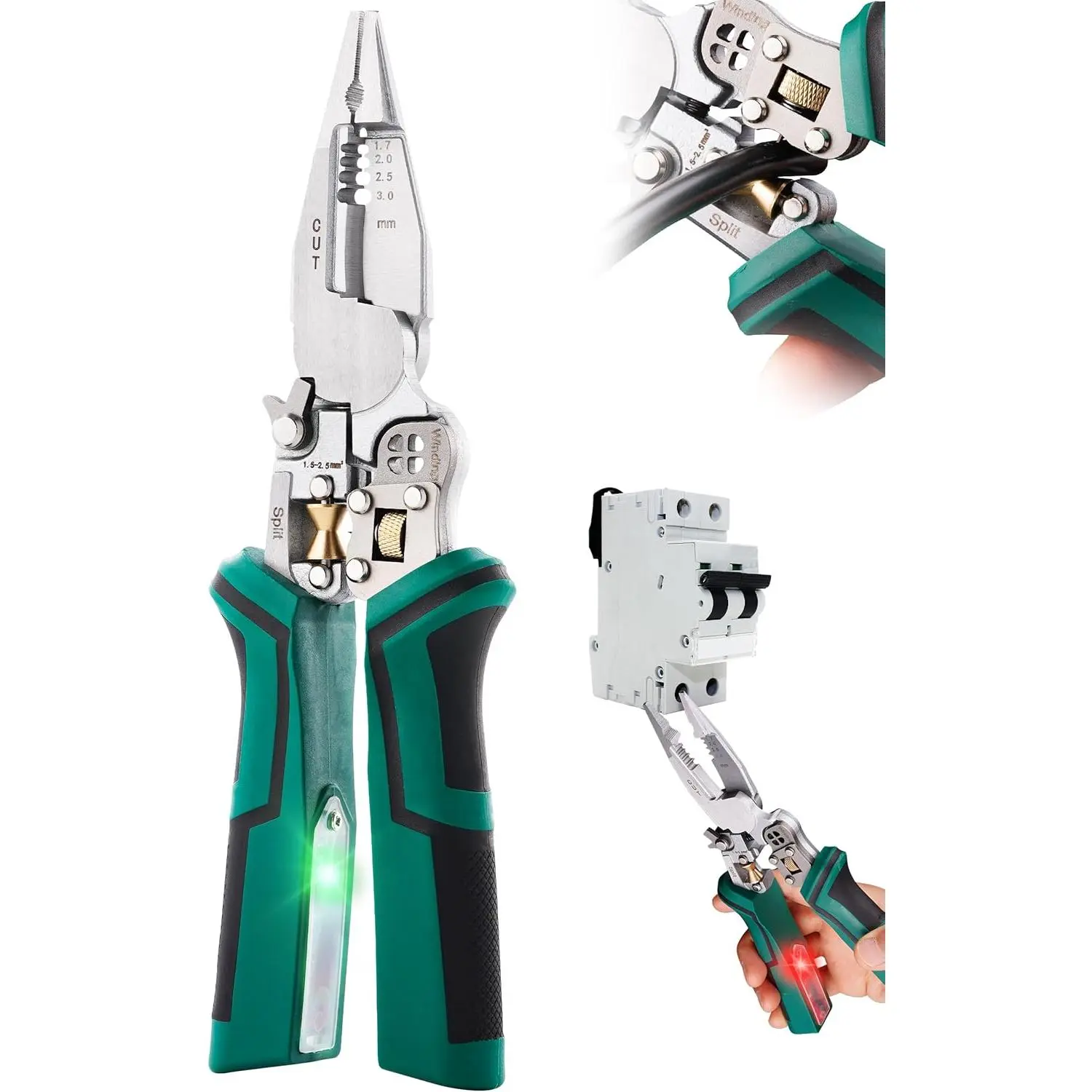 8 in 1 with Voltage Tester, Wire Stripping Tool, Cable Cutters with Plier, Crimper, Splitting, Wire Stripper Tool for 10-18 AWG for Electrician Work Green