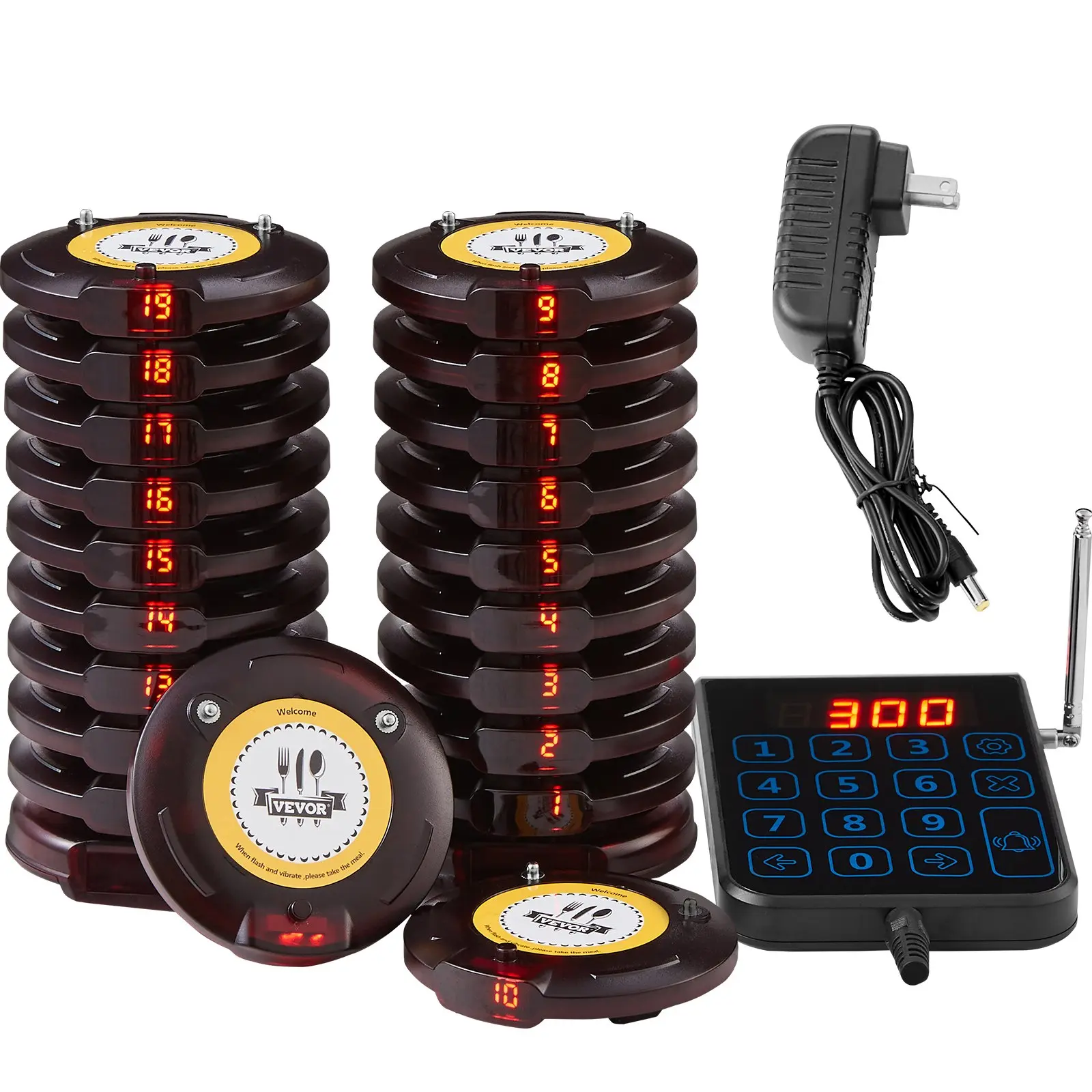 VEVOR Wireless Pager Set, Long-Range 500m Queue Call System with 20 Buzzers, Flashing Light, Vibration & Beep Alerts for Food Trucks, Restaurants