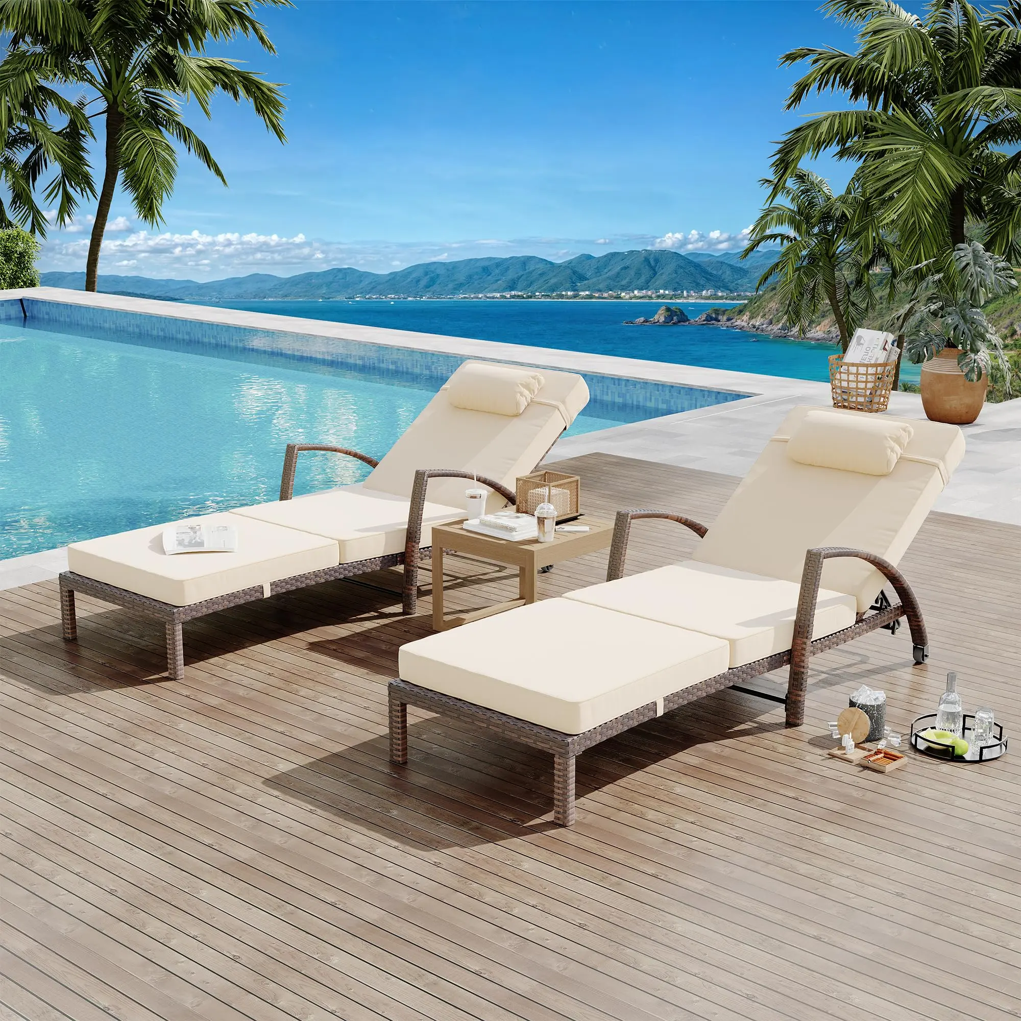2-Piece Poolsidelook Adjustable Wicker Outdoor Recliner Chaise Lounge Chairs with Recline-Wheels, Cushions, Pillow, Armrests, 5-Position Recline for Patio, Deck