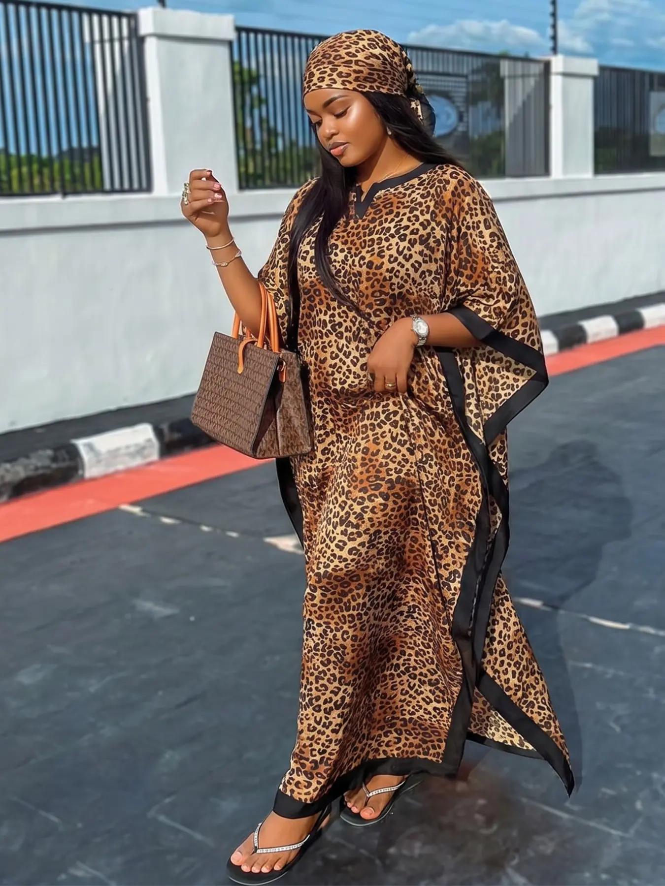 Boho Style Women's Elegant Leopard Print Long Dress Set with Headscarf, Lightweight Kaftan, Suitable for Daily Wear, Beach Vacation and Sun Protection