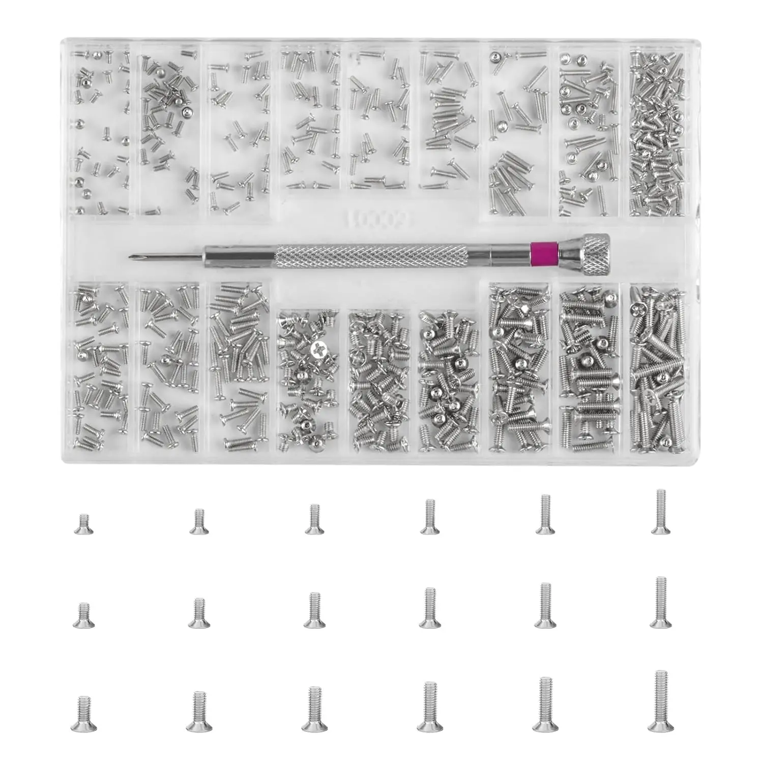 500-Count Stainless Steel Precision Mini Screw Repair Kit - 27-Count Each Size, M1.2, M1.4, M2x3mm Self-Tapping Countersunk Flat Screws, Easy-to-Store Hand Tool for Eyeglasses, Electronics, Camera Repair