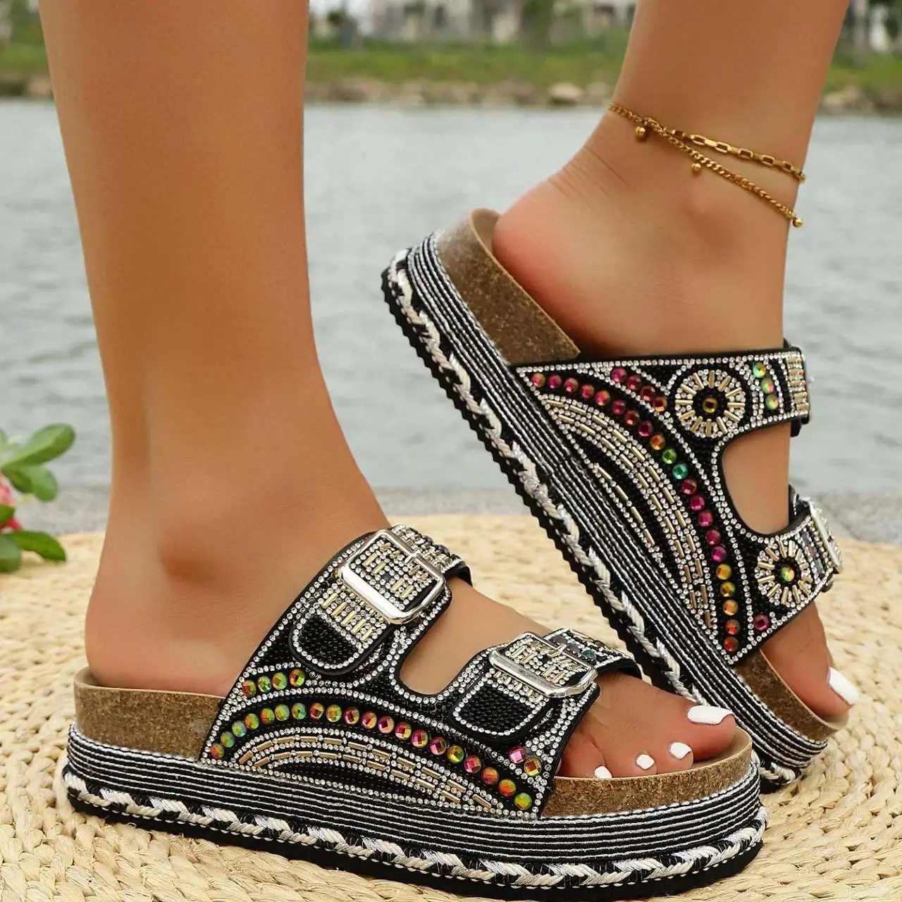Women's 2-Strap Slide Sandals with Cork Footbed and Arch Support, Casual Flat Beach Footwear with Decorative Faux Buckles, Women's Sandals, Slides For Women