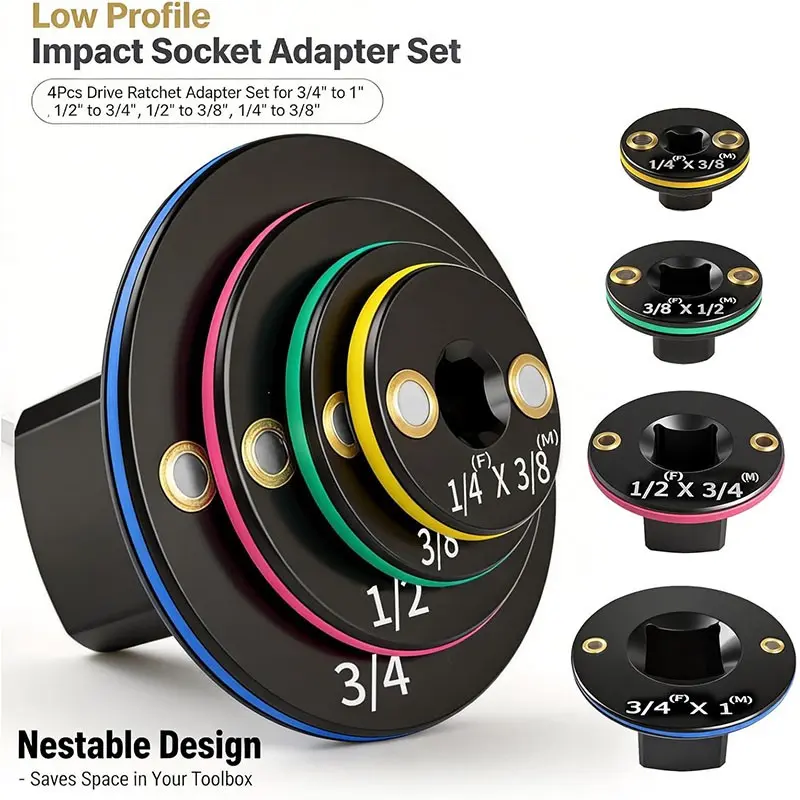 4-Piece Stubby Compact Impact Reducer and Adapter Set, Color-Coded Premium Cr-Mo Torque Socket Converter for Automotive Repair, Tight Spaces and Tight Clearance Mechanics