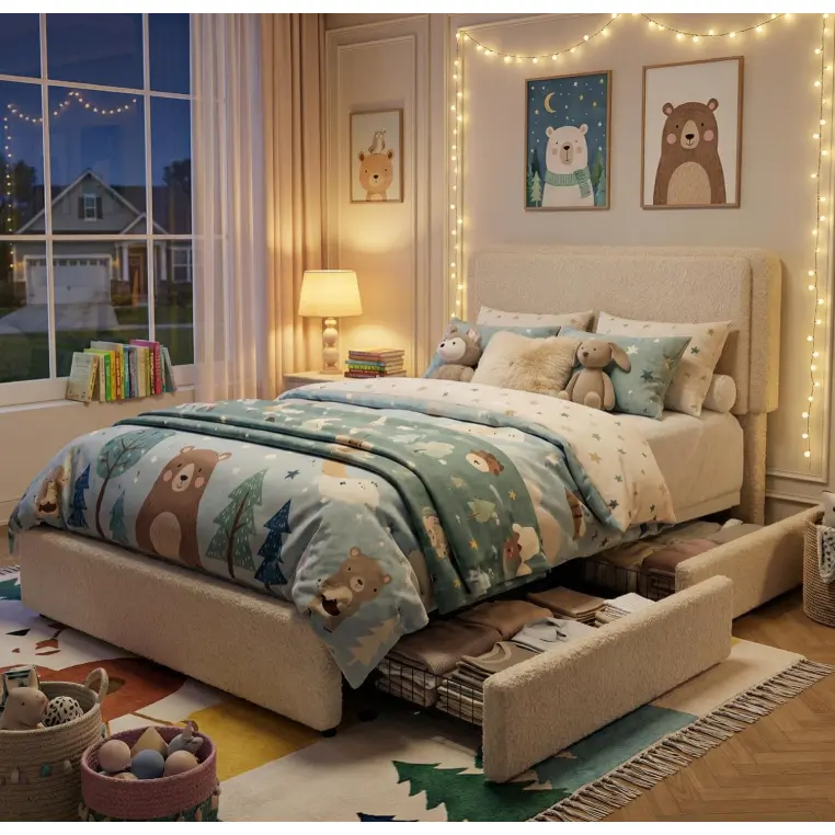 Twin Size 2PCS Cream Teddy Fleece Bed Frame, Upholstered Platform Bed with 2 Storage Drawers, Height Adjustable Headboard, Thick Soft Teddy Fabric Bed for Kids Teens, No Box Spring Required