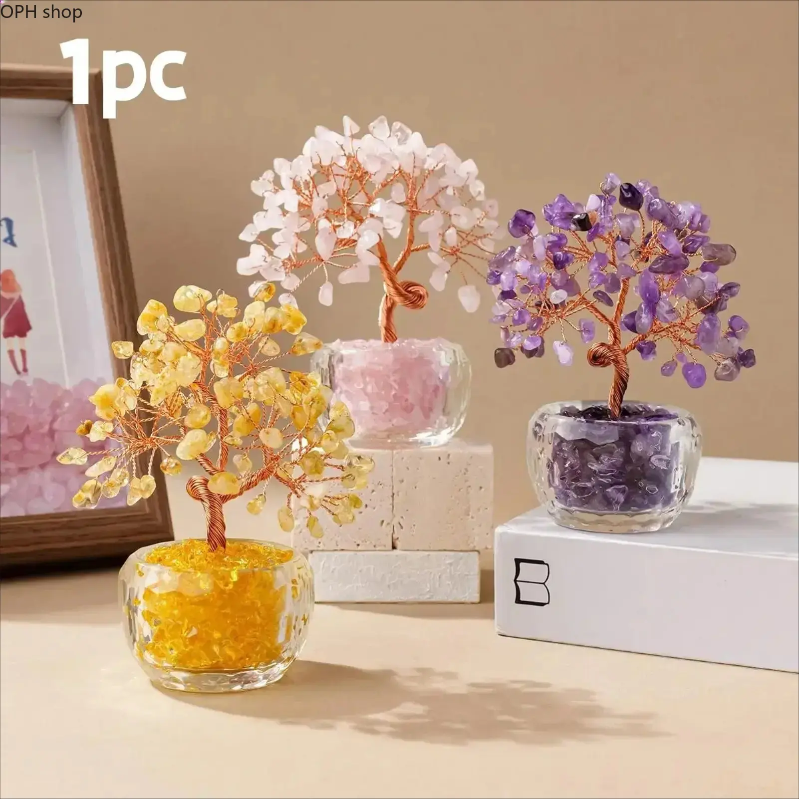 Creative Tree Glass Vase with Colorful Healing Crystal Stones, Aesthetic Decor Ornament for Home, Office Living Room Desk