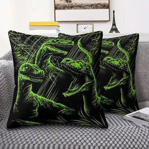 Neon Green Dinosaur Velociraptor Throw Pillow with Eye-Catching Digital Print, 45cm Includes Pillow Insert, Features Dynamic Poses and Eerie Abstract Patterns, Soft & Stylish Home Decor for Living Room & Bedroom, Unique Trendy Cushion