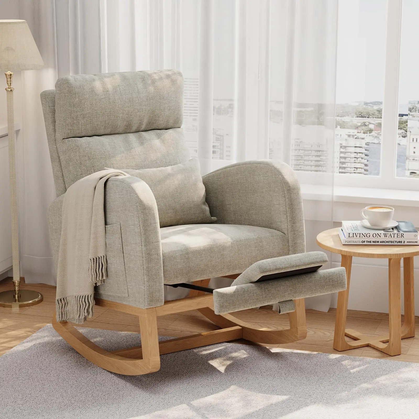 PU Leather Modern Rocking Chair - Ergonomic Rolling Glider with Side Pockets, Pillow, Ideal for Nursery, Cozy Reading Nook, Nursing Armchair for Readers, Rock, Corduroy