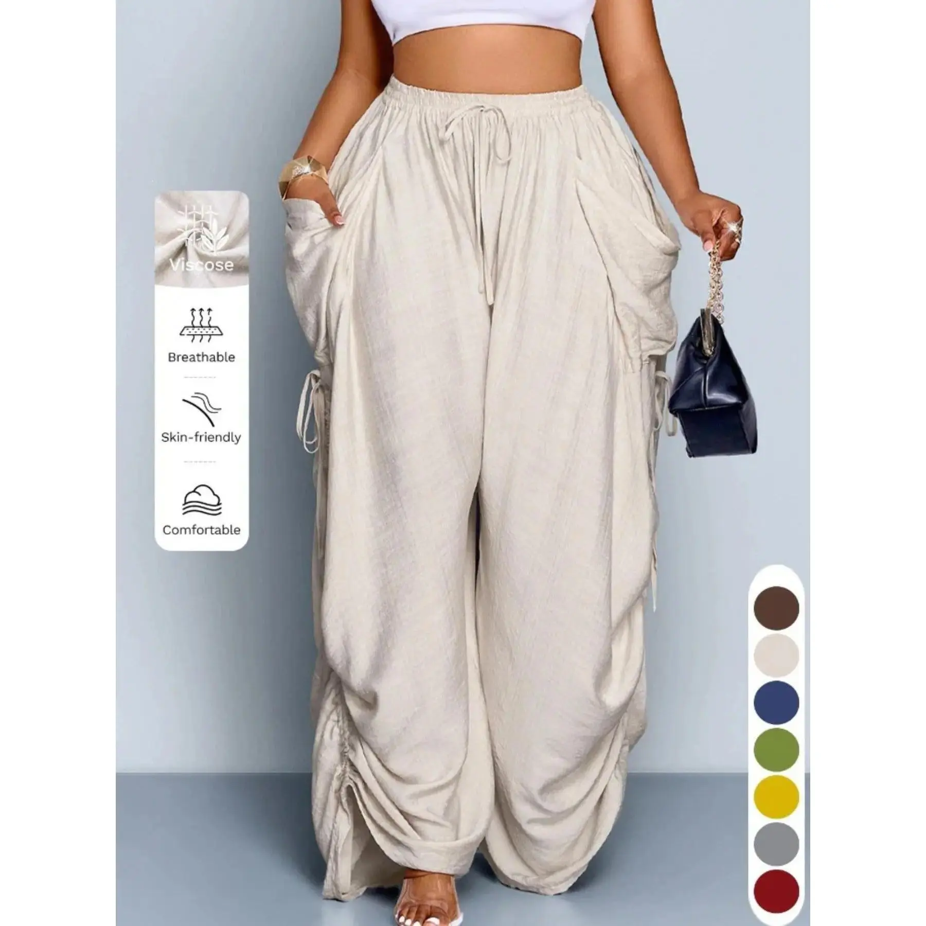 Women's High-Waisted Adjustable Drawstring Linen Palazzo Pants - Flowy High Waisted Streetwear Casual Pants, Full Length Loose-Fit Spring-Fall Sports & Outdoor Joggers, Comfortable Ropa Para Mujer Casual Wear