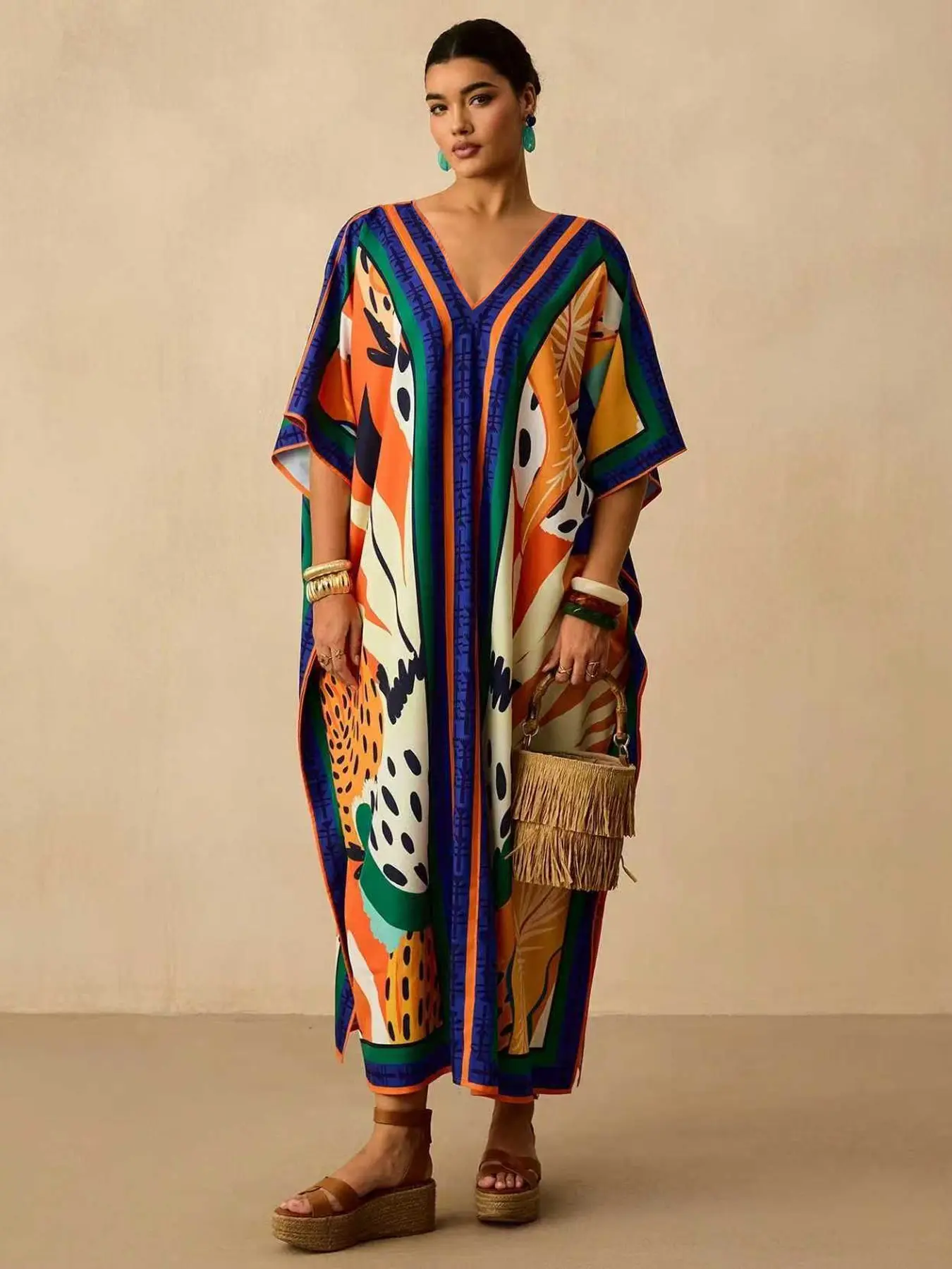 Women's Elegant Chic Long Abaya with Print, Loose Fit Spring Summer Fall Pullover, Casual Plus Size Middle Eastern Fashion Outerwear Vneck