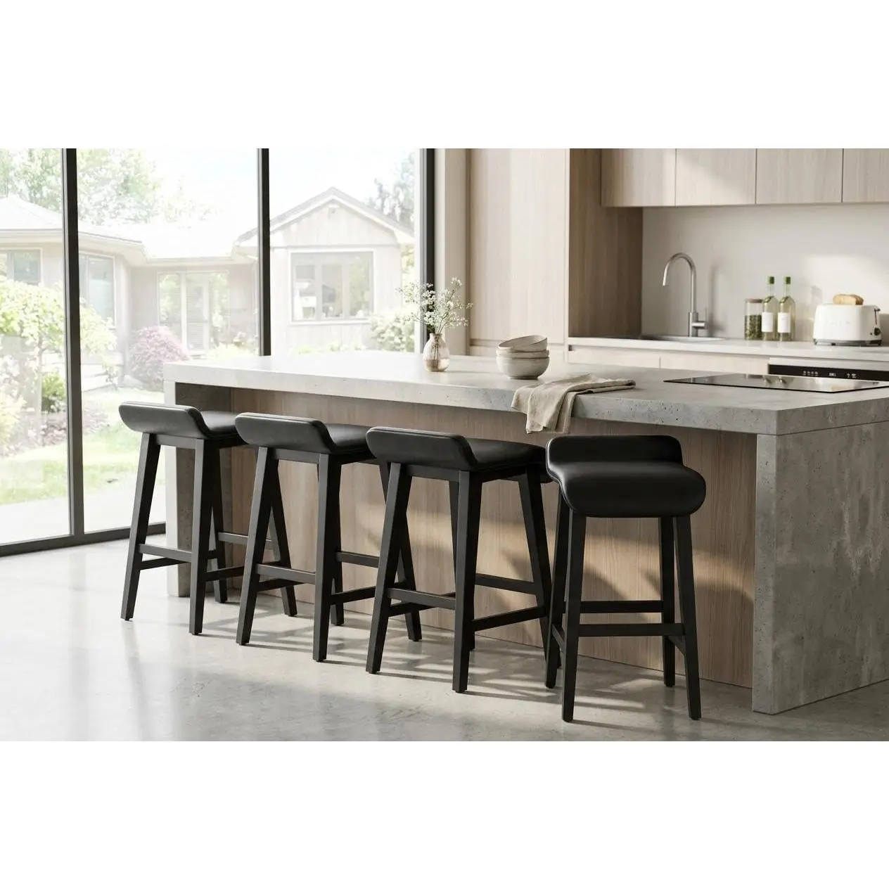 Modern Backless Bar Stools Set - Synthetic Leather Upholstered, Ergonomic Without Arms, Solid Wood Frame, Adjustable Legs, Sturdy Support, Farmhouse Home Decor for Kitchen Islands, Contemporary Bars