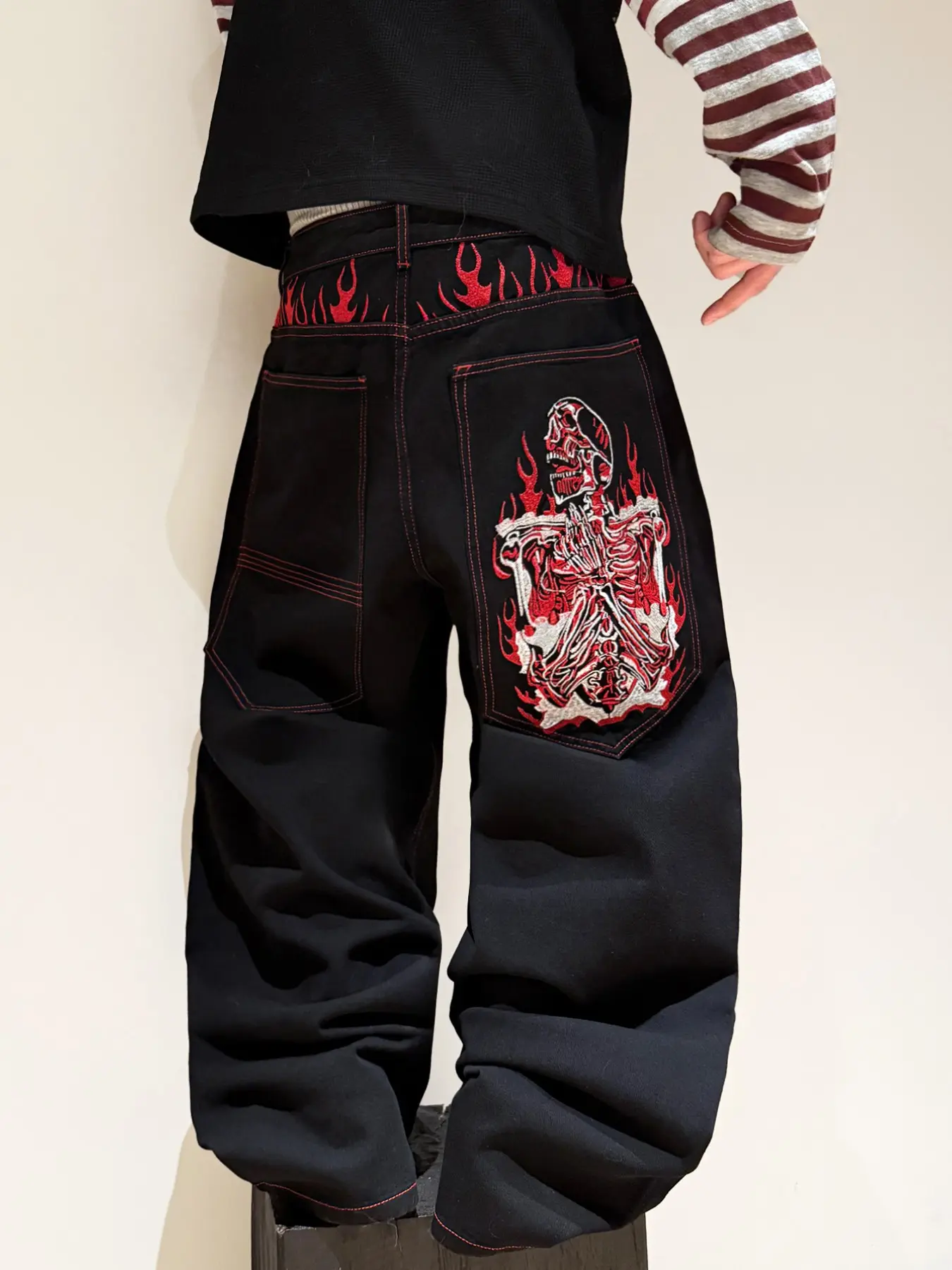 Men's Denim Jeans, Flame Skull Embroidery Oversized Straight Leg Wide Leg Jeans, Y2K Streetwear Loose Long Pants, Halloween Gift