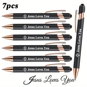 Set of 7 Luxury Metal Ballpoint Pens Featuring The Words “Jesus Loves You” and A Cross Design. Writes Smoothly and Is Touchscreen-compatible. Black Ink. Easter Gift