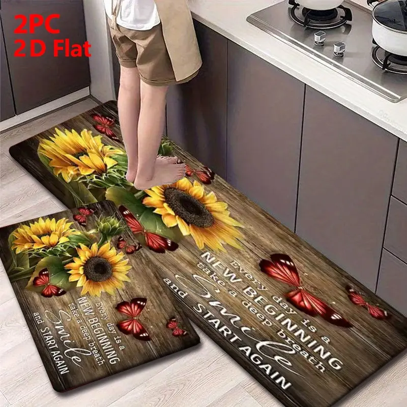 Kitchen Mat Set for floor 2/3 Piece, Wood Grain Sunflower Kitchen Rug with Decorative, Non Slip Kitchen Rugs and Mats for Kitchen, Entryway, Bathroom, Laundry Room, Hallway
