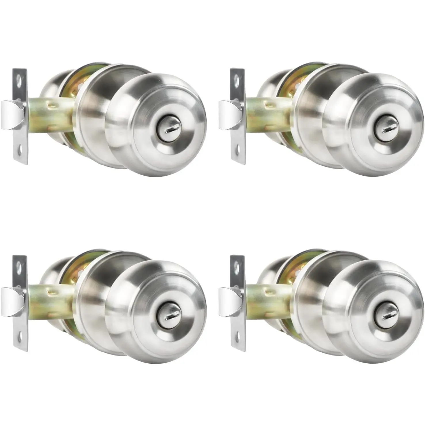 Door Knobs, 4 Pack Satin Nickel Door Knobs with Lock, Bed and Bath Door Knob Interior Keyless Locksets, Round Door Handles Reversible for Left Right Handed Doors