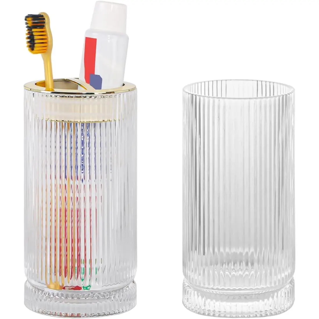 Toothbrush Holders for Bathrooms, 2pcs Clea Toothbrush Holder and 14oz, Gold Tooth Brush and Toothpaste Holder Organizer Cup for Countertop Decor