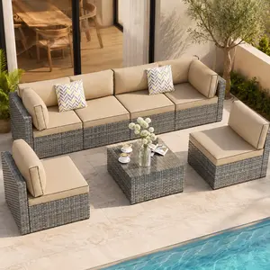 Patio Furniture Set 7 Pieces Outdoor Rattan Chair Wicker Sofa Garden Conversation Bistro Sets for Yard, Pool or Backyard, Silver Gray
