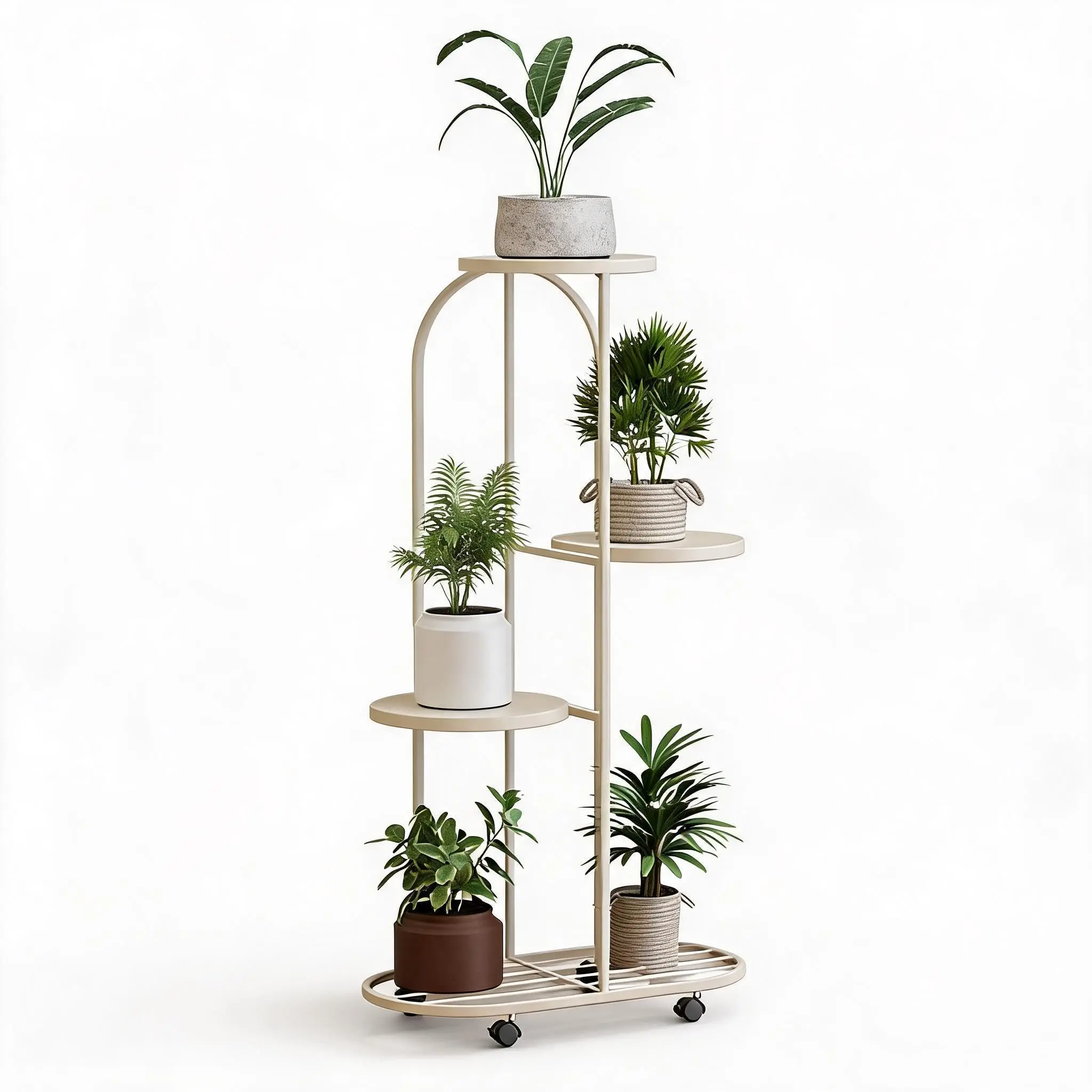 GARVEE 4-Tier Metal Frame Plant Shelf - Rolling Flower Stand, Balcony Stand, Both Indoor/Outdoor Ladder Plant Holder for Garden, Living Room, White, Multiple Levels