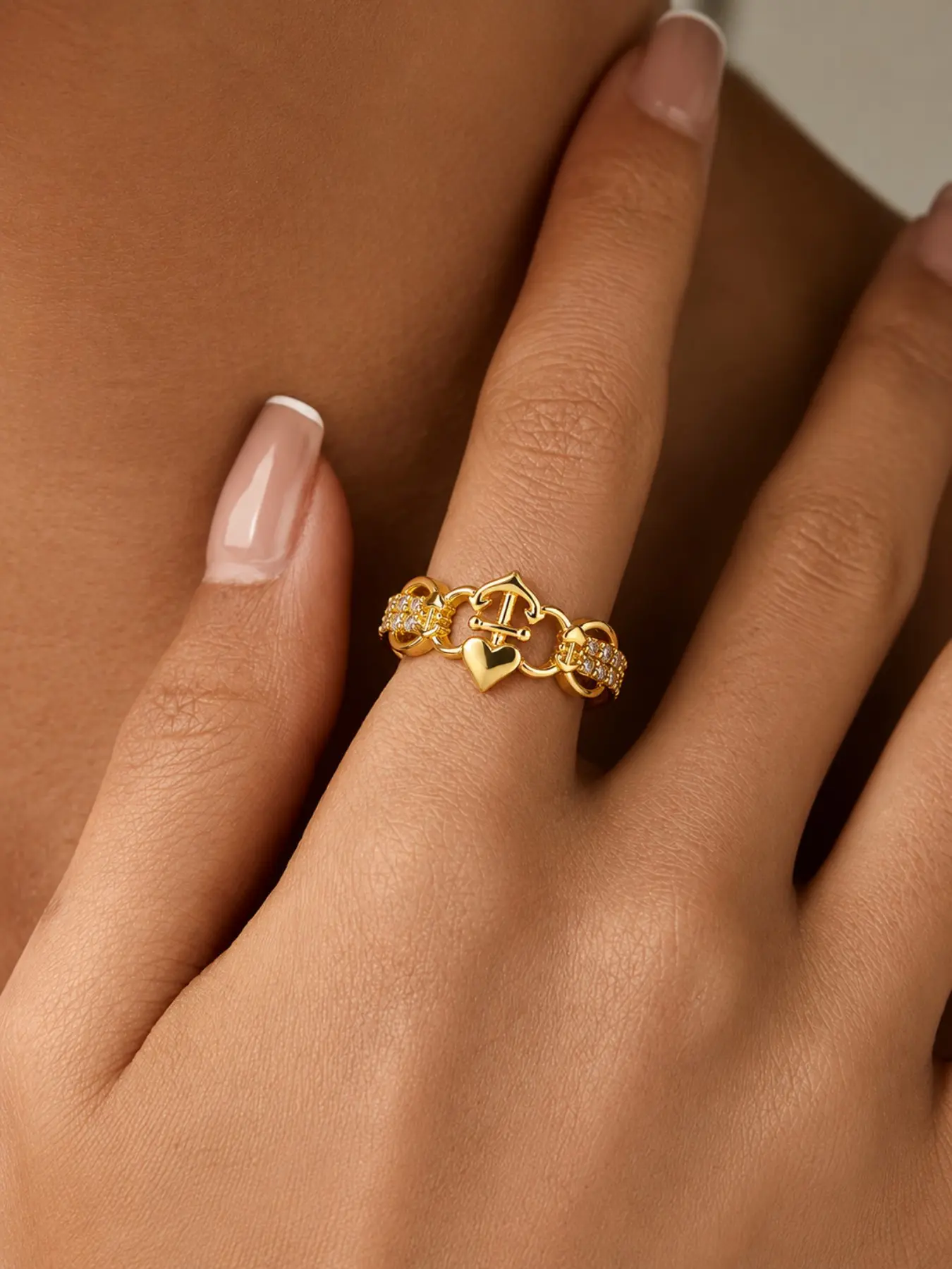 1 Pcs New Fashion Women's Nautical Chain Adjustable Ring, Elegant Heart Anchor Ring, Zircon Double C Jewelry, Ideal Gift for Birthday and Parties