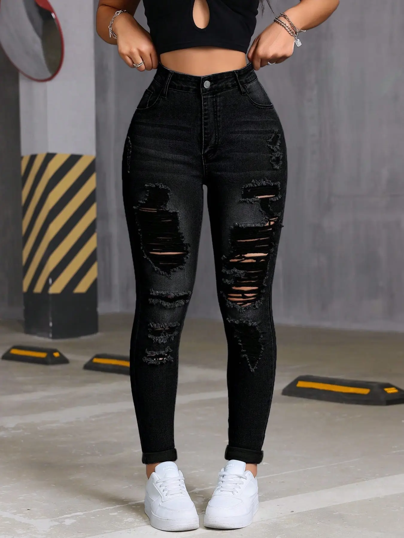 Black Ripped Stretch Skinny Jeans Fall Halloween Back To School Birthday Mexican Style