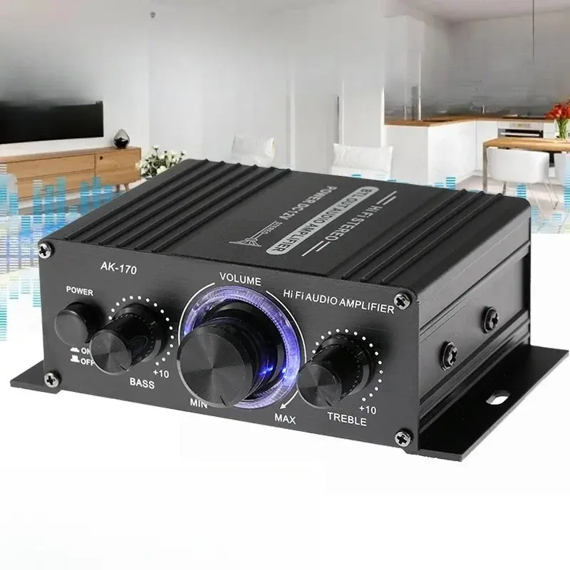 AK170 Mini Digital 200Wx2 Car Audio Amplifier with Blue Light, Stereo Amplifier for Home Theater, Club Use