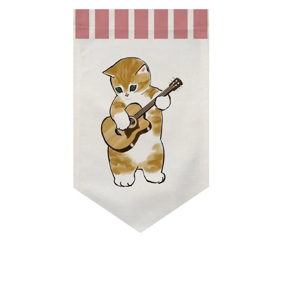 Cartoon Cat Illustration Triangle Flag Curtain, Kitchen Restaurant Door Divider, Half Curtain No Drilling, Hanging Fabric Curtain