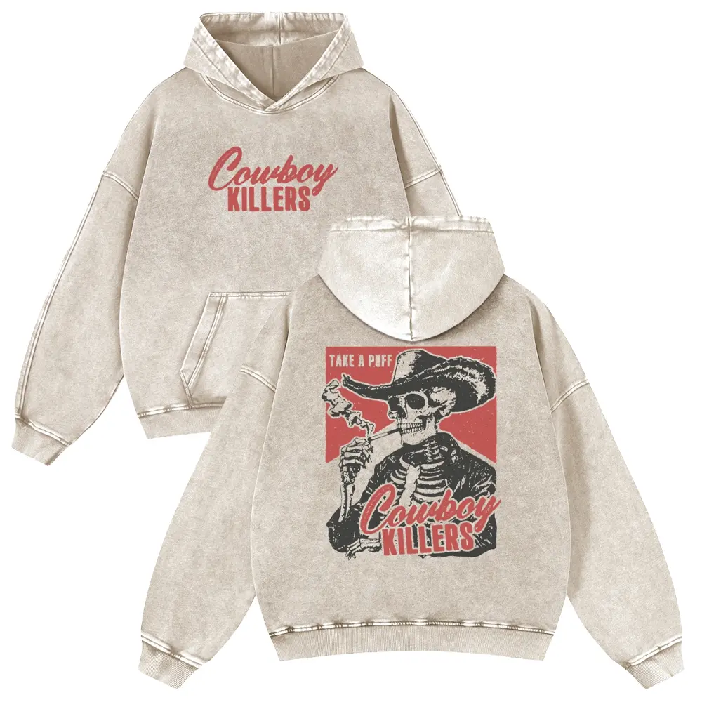 Men's Cowboy Killers Thick Hoodie - Vintage Western Retro Long Sleeve Pullover, Heavyweight Mineral Wash Cotton Blend Menswear Tops, Super Soft Unisex Plus Size, Machine Washable Casual Spring Cold Wash, Sweatshirts